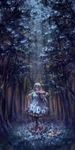  blonde_hair blue closed_eyes flower forest hat highres instrument long_hair nature night original petticoat plant scarecrow smile solo torn_clothes tree vines violin windyakuma 