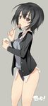  amagami bad_id bad_pixiv_id black_eyes black_hair black_jacket blade_(galaxist) eating food jacket kibito_high_school_uniform long_sleeves looking_at_viewer mouth_hold nanasaki_ai school_uniform short_hair simple_background solo swimsuit swimsuit_under_clothes vest 