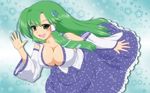  blush breasts cleavage detached_sleeves dress frog_hair_ornament green_eyes green_hair hair_ornament highres kingindou_yumeji kochiya_sanae large_breasts long_hair smile snake_hair_ornament solo touhou 