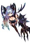  :3 animal_ears bare_shoulders black_legwear blue_eyes blue_hair boots breasts cat_ears claw_(weapon) cleavage cleavage_cutout copyright_request dress garter_straps large_breasts pump_(pumpqmuq) short_hair simple_background solo thigh_boots thighhighs weapon white_background 