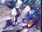  3girls bad_id bad_pixiv_id blue_eyes braid brown_hair copyright_name glasses green_hair iceojin magic_circle multiple_boys multiple_girls pixiv_fantasia pixiv_fantasia_sword_regalia sword twin_braids uniform weapon 