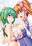  :3 aquarion_(series) aquarion_evol areola_slip areolae blue_eyes blush bow breast_hold breast_press breast_suppress breasts brown_hair covered_navel covered_nipples glasses green_eyes green_hair hair_bow hair_ribbon huge_breasts kawase_seiki long_hair looking_at_viewer magatama midriff mix_(aquarion) multicolored_hair multiple_girls nipple_slip nipples open_clothes open_mouth open_shirt orange_hair ponytail puffy_sleeves purple_hair ribbon shirt short_hair side_ponytail smile sweatdrop symmetrical_docking wrist_cuffs zessica_wong 