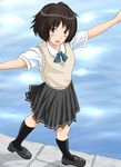  amagami brown_eyes brown_hair highres keisuke_(0320030103200301) kibito_high_school_uniform open_mouth outstretched_arms pleated_skirt school_uniform short_hair short_sleeves skirt smile solo sweater_vest tachibana_miya 