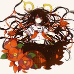  bad_id bad_pixiv_id black_hair flower long_hair mam233 midriff original red_eyes red_flower school_uniform skirt solo very_long_hair 