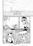 braid closed_eyes comic fighting_stance finger_to_mouth flandre_scarlet gate greyscale hat hat_ribbon hong_meiling long_hair looking_back monochrome multiple_girls open_mouth outstretched_arms pointy_ears ribbon running scarlet_devil_mansion short_hair side_ponytail silent_comic smile sonson_(eleven) star surprised touhou twin_braids vs 
