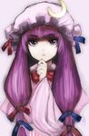  :&lt; arugeri bangs blunt_bangs bow crescent dress hair_bow hand_on_own_chin hat long_hair patchouli_knowledge purple_eyes purple_hair solo touhou triangle_mouth tsurime upper_body 