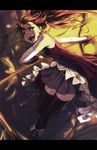  black_legwear boots bow chain dress gloves hair_bow highres juby letterboxed long_hair magical_girl mahou_shoujo_madoka_magica open_mouth polearm red_dress red_eyes red_hair sakura_kyouko skirt smile solo spear thighhighs weapon wrist_cuffs zettai_ryouiki 