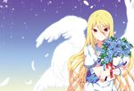  angel blonde_hair feathers flowers long_hair odd original red_eyes stars wings 