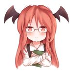  bat_wings bespectacled blush book dress_shirt glasses head_wings koakuma long_hair necktie object_hug red_eyes red_hair shirt shize_(coletti) simple_background smile solo touhou upper_body white_background wings 