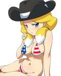  american_flag_bikini annoyed arm_support bare_shoulders bikini blonde_hair breasts cleavage cowboy_hat danball_senki flag_print freckles hairu hat jessica_kaios large_breasts long_hair looking_at_viewer navel shiny shiny_skin simple_background skindentation solo swimsuit underboob 