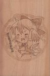  ahoge angry berry_jou bow chibi cirno closed_eyes hair_bow mokurui monochrome open_mouth solo touhou traditional_media wings wood 