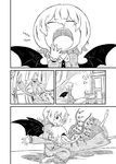  &gt;_&lt; :d arms_up barefoot bat_wings bed closed_eyes comic detached_wings door flandre_scarlet glomp greyscale hair_over_one_eye hair_ribbon hug long_sleeves monochrome multiple_girls nightgown open_mouth pointy_ears remilia_scarlet ribbon short_hair siblings side_ponytail silent_comic sisters sleepy smile sonson_(eleven) touhou wings xd yawning 