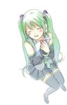  ^_^ asakichi blush closed_eyes detached_sleeves from_above green_hair happy hatsune_miku long_hair necktie simple_background skirt solo thighhighs very_long_hair vocaloid zettai_ryouiki 