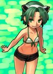  animal_ears bare_shoulders bikini bikini_top cat_ears fake_animal_ears front-tie_top green_background green_eyes grin hyourin_no_mahiro looking_at_viewer midriff navel shinrabanshou short_hair short_shorts shorts smile solo striped striped_bikini swimsuit yu_65026 