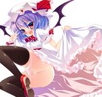  ascot ass bat_wings black_legwear blush brooch dress dress_lift frilled_dress frills goriyaku hat hat_ribbon jewelry mary_janes mob_cap open_mouth panties panty_pull pointy_ears purple_hair pussy red_eyes red_footwear red_ribbon remilia_scarlet ribbon shoes short_hair solo thighhighs touhou underwear v wings wrist_cuffs 