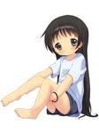  absurdres anyannko barefoot black_eyes black_hair blush feet gym_uniform highres long_hair original parted_lips shorts sitting solo 