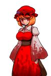  aki_minoriko alternate_hair_color breasts evil_smile food fruit grapes large_breasts mono_(moiky) orange_hair puffy_sleeves red_eyes smile solo touhou transparent_background 