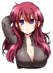 arm_up bad_id bad_pixiv_id blue_eyes breasts cleavage copyright_request earrings hand_behind_head highres jewelry large_breasts long_hair paopao purple_hair simple_background solo white_background 