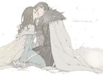  1girl a_song_of_ice_and_fire bad_id bad_pixiv_id brown_hair cape copyright_name dress hetero kiss long_hair muted_color petyr_baelish sansa_stark snow snowing wavesheep 