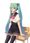  aqua_hair black_legwear blue_eyes chair desk fkey hatsune_miku highres long_hair looking_at_viewer nail_polish pleated_skirt project_diva_(series) project_diva_2nd school_uniform serafuku skirt solo thighhighs twintails very_long_hair vocaloid zettai_ryouiki 