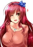  ;d bad_id bad_pixiv_id breasts character_request collarbone copyright_request hair_ribbon hairband jewelry large_breasts long_hair looking_at_viewer one_eye_closed open_mouth paopao pendant red_hair ribbon simple_background smile solo white_background yellow_eyes 