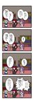  4koma book bookshelf braid chair comic covering_mouth crescent dora_ita hair_ribbon hat hat_removed head_wings headwear_removed highres izayoi_sakuya koakuma library long_hair maid maid_headdress multiple_girls patchouli_knowledge purple_hair red_hair ribbon silver_hair sweatdrop table touhou translated twin_braids voile wings 