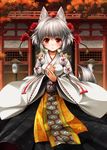  animal_ears blush flower hat inubashiri_momiji kei_kei pom_pom_(clothes) red_eyes ribbon short_hair silver_hair smile solo tail tokin_hat touhou white_hair wolf_ears wolf_tail 