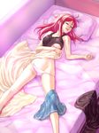  bed blanket breasts closed_eyes drooling groin highres katou_marika long_hair lying medium_breasts miniskirt_pirates on_back oofuji_wataru open_mouth panties panty_pull partially_undressed pink_hair school_uniform shirt_lift skirt skirt_around_one_leg sleeping smile solo sunlight tank_top underboob underwear 