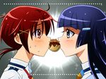  aoki_reika blue_eyes blue_hair blush eyelashes food hair_ornament hairclip hino_akane_(smile_precure!) long_hair masaki_kazusa multiple_girls nanairogaoka_middle_school_uniform necktie ponytail precure profile red_eyes red_hair school_uniform shared_food short_hair smile_precure! sweat takoyaki 