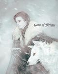  a_song_of_ice_and_fire black_hair copyright_name facial_hair ghost_(a_song_of_ice_and_fire) j_(onose1213) jon_snow muted_color red_eyes snowing stubble sword weapon wolf 