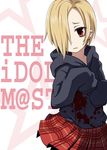  blonde_hair copyright_name earrings hair_over_one_eye hood hoodie idolmaster idolmaster_cinderella_girls jewelry n_(ruff) pantyhose pleated_skirt red_eyes shirasaka_koume short_hair skirt sleeves_past_fingers sleeves_past_wrists 