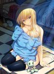  arm_support black_legwear blonde_hair blue_eyes blush breast_press breasts highres long_hair medium_breasts nipple_slip nipples nude original solo stuffed_animal stuffed_toy thighhighs ulisutariasu very_long_hair 