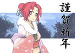  alternate_costume alternate_hairstyle blue_eyes closed_mouth double_bun gloves hong_meiling irue japanese_clothes kimono new_year red_hair smile solo touhou upper_body 
