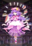  book bookshelf crescent flying hair_ribbon hat library long_hair magic_circle outstretched_hand patchouli_knowledge purple_eyes purple_hair rai_(3stone) ribbon shoes solo touhou voile 