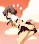  brown_eyes brown_hair cloud covering covering_ass hand_on_ass hat hat_ribbon leaning_forward looking_at_viewer red_eyes red_sky ribbon shameimaru_aya shirt short_hair skirt sky solo tokin_hat touhou umekichi 