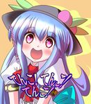  :d ascot blue_hair food fruit hat heart heart-shaped_pupils highres hinanawi_tenshi long_hair open_mouth peach ramutaizumu red_eyes smile solo symbol-shaped_pupils touhou translated 