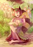  animal_ears barefoot bottle breasts brown_hair cleavage dirt futatsuiwa_mamizou glasses green_eyes jizou large_breasts leaf leaf_on_head one_eye_closed open_mouth pince-nez qiangzi raccoon_ears raccoon_tail short_hair sitting solo statue tail touhou 