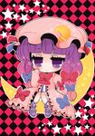  bad_id bad_pixiv_id bow checkered checkered_background crescent hair_bow hat long_hair marshmallow_mille patchouli_knowledge purple_eyes purple_hair sitting solo star touhou 