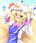  1girl aibumi bad_id bad_pixiv_id blonde_hair blush breasts brown_eyes covered_nipples embarrassed fox_tail hat highres medium_breasts multiple_tails short_hair solo sweatdrop tabard tail touhou yakumo_ran 