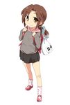  bag bandaid bandaid_on_knee black_skirt brown_eyes brown_hair child full_body highres holding holding_bag hood hoodie idolmaster idolmaster_cinderella_girls kawashima_mizuki long_hair looking_at_viewer pink_footwear pleated_skirt polka_dot ponytail school_bag shoes skirt smile socks solo takeya_yuuki white_background younger 