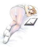  ass blonde_hair blue_eyes blush clipboard copyright_request crotch_seam hat hiyoko_daiou legs looking_at_viewer looking_back naughty_face nurse nurse_cap panties panties_under_pantyhose pantyhose presenting sandals see-through solo top-down_bottom-up underwear uniform white_legwear 