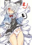  animal_ears blush capelet grey_hair highres jewelry milkpanda mouse_ears mouse_tail nazrin one_eye_closed panties pendant red_eyes short_hair solo tail touhou underwear white_legwear 
