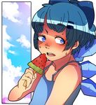  bad_id bad_pixiv_id bare_shoulders blue_eyes blue_hair blush bow cirno cloud day food fruit hair_bow highres ice ice_wings muroku_(aimichiyo0526) open_mouth popsicle shirt short_hair sky sleeveless sleeveless_shirt solo sweat touhou upper_body watermelon watermelon_bar wings 