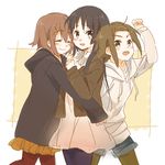  :d akiyama_mio black_eyes black_hair black_legwear brown_eyes brown_hair brown_legwear closed_eyes fashion girl_sandwich hair_ornament hairband hairclip hirasawa_yui hood hoodie hug k-on! karuha legwear_under_shorts lowres multiple_girls open_mouth pantyhose round_teeth sandwiched shorts smile tainaka_ritsu teeth 