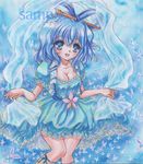  arms_up blue_background blue_dress blue_eyes blue_hair breasts bug butterfly cleavage collarbone dress flower frills hair_ornament hair_rings hair_stick insect kaku_seiga looking_at_viewer mamemaru medium_breasts open_mouth ribbon sample shawl short_hair solo tongue touhou traditional_media vest watercolor_(medium) watercolor_pencil_(medium) 