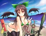  all_fours arm_cannon at4 bare_shoulders beach bikini black_hair black_legwear black_wings blue_sky blush bow breasts cat cleavage cloud day detached_sleeves detached_wings engrish explosive green_bikini grenade hair_bow kaenbyou_rin kaenbyou_rin_(cat) large_breasts long_hair looking_at_viewer micro_bikini multiple_tails ocean outdoors planted_weapon ranguage red_eyes reiuji_utsuho rocket_launcher rpg sky solo sumapan swimsuit tail tan tanline thighhighs touhou trowel two_tails v water weapon wings 