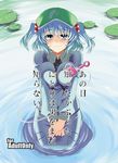  blue_eyes blue_hair blush breast_squeeze breasts hair_bobbles hair_ornament hat iwanori kawashiro_nitori key lily_pad lock medium_breasts seiza short_hair short_twintails sitting skirt smile solo touhou translation_request twintails two_side_up v_arms water wet 