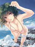  :p absurdres aircraft airplane bad_id bad_pixiv_id bikini breasts building burj_khalifa city cleavage cloud day f-16_fighting_falcon fighter_jet giantess green_hair highres jet large_breasts micro_bikini military military_vehicle ocean original red_eyes shiny shiny_skin short_hair solo sonnano swimsuit tongue tongue_out 