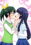  aoki_reika blue_hair blush closed_eyes food fuuma_nagi green_hair green_neckwear midorikawa_nao multiple_girls nanairogaoka_middle_school_uniform necktie precure school_uniform shared_food sleeves_rolled_up smile_precure! sweater_vest takoyaki yuri 