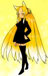  animal_ears black_dress black_legwear blonde_hair dress fox_ears gradient_hair han_(jackpot) hand_on_hip long_hair multicolored_hair nine-tails-san original ponytail sidelocks solo thighhighs very_long_hair yellow_eyes zettai_ryouiki 